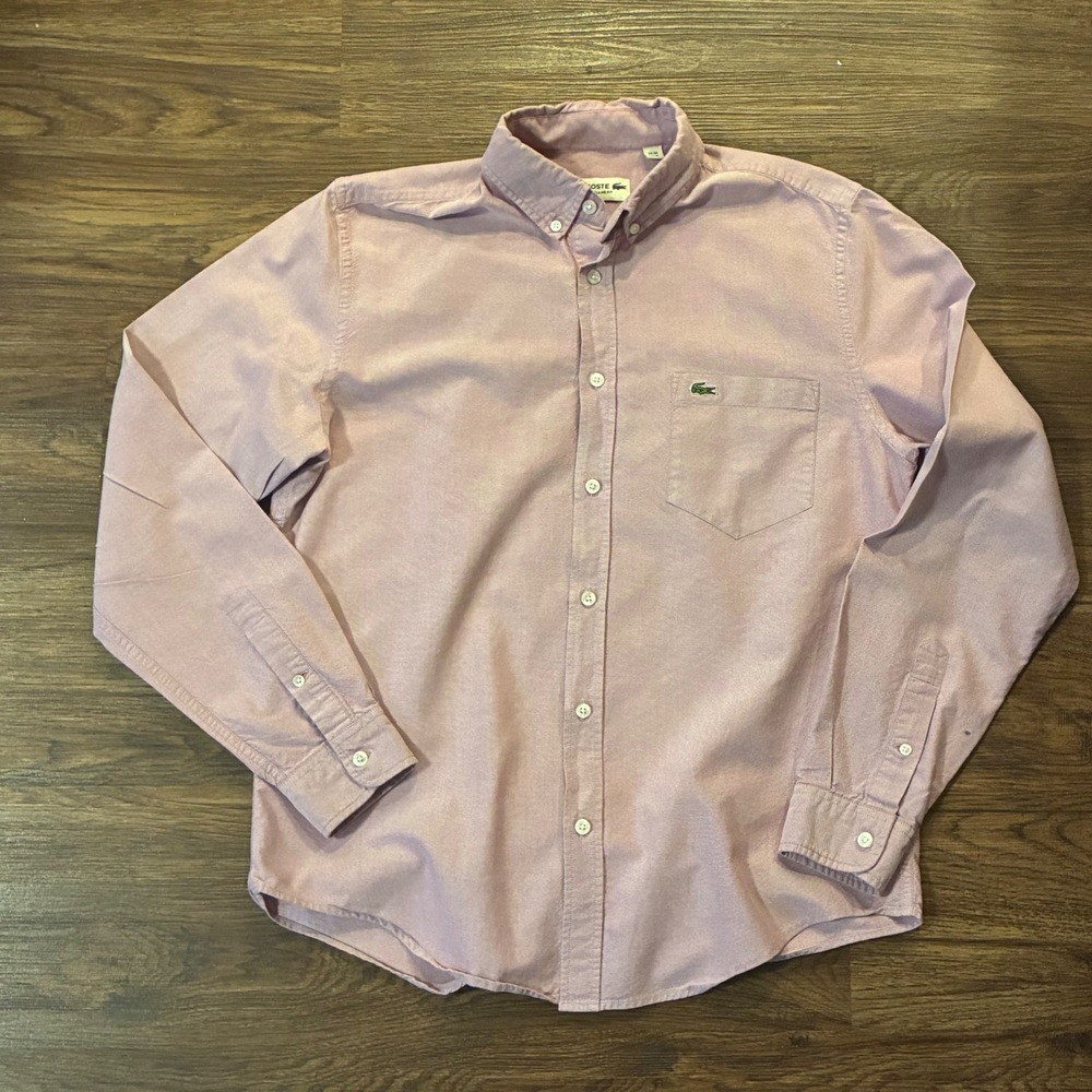 Lacoste Oxford Button Down Shirt Mens Size M Pink Good Regular Fit Long Sleeve